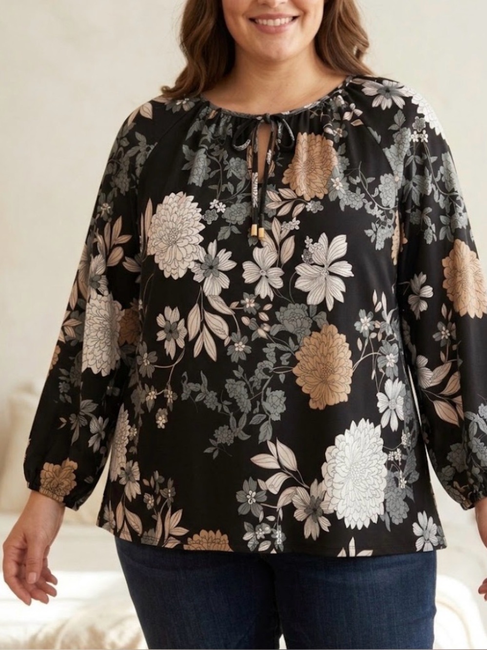 Clientele Floral Keyhole Neck Top Large Made in Canada Boho Long Sleeve Blouse